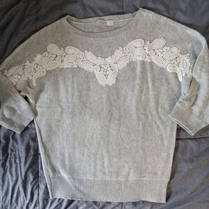 Loft Cardigan Sweater Heather Gray with Cream Lace Size Small Women's